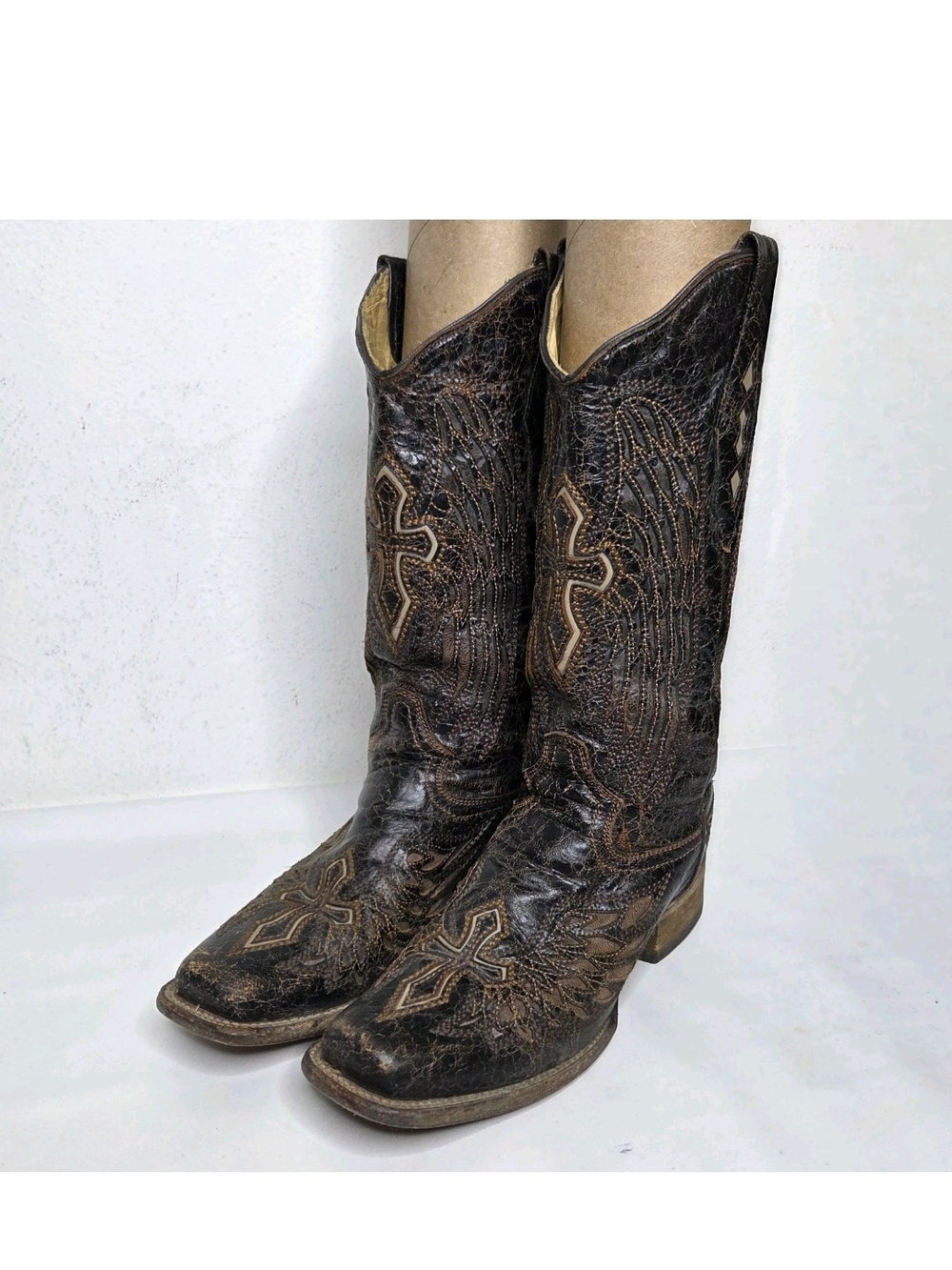 Corral Distressed Western Boots Women 7.5M Cross Angel Wings Brown Festival Goth